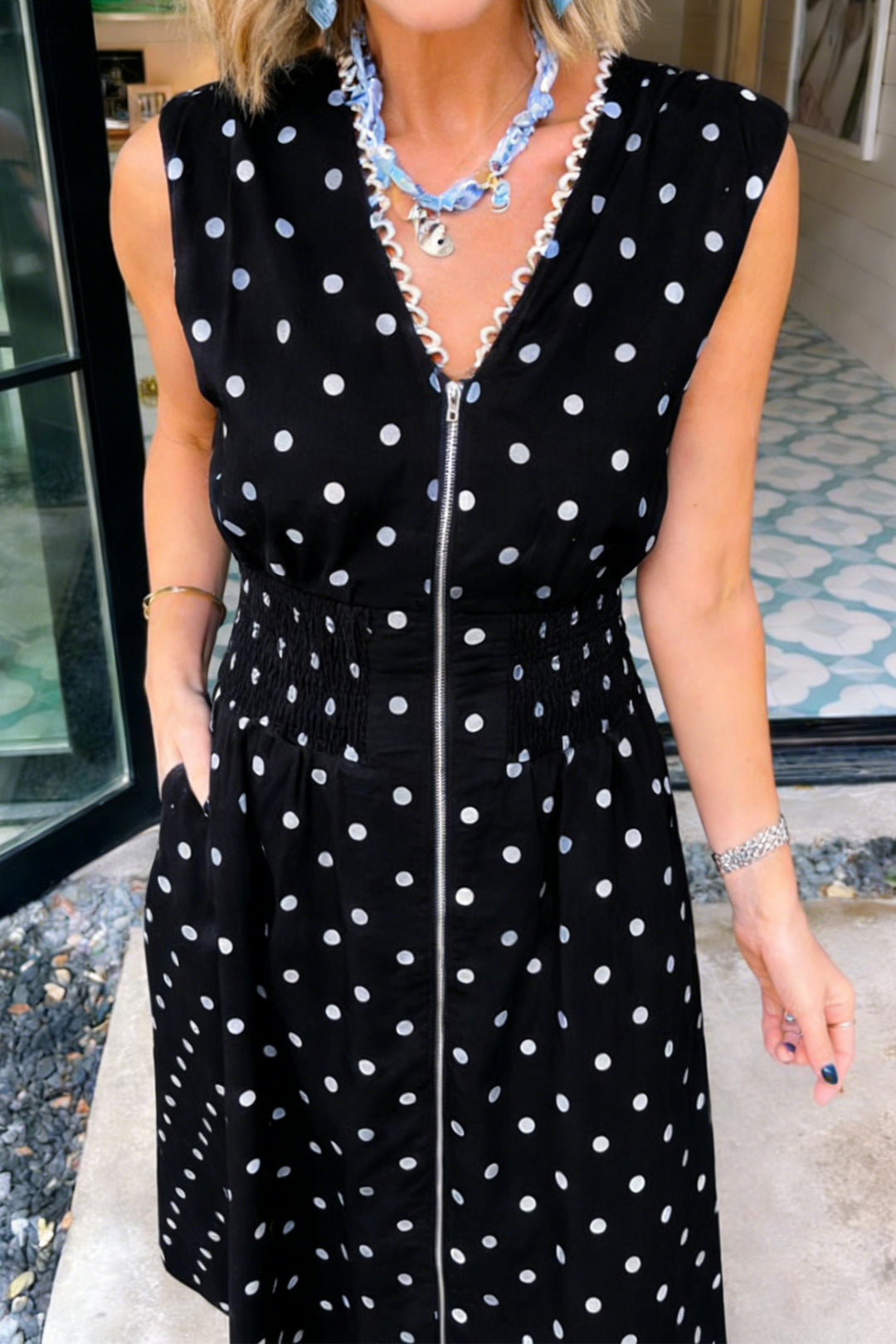 Black Polka Dot Print Contrast Trim Zip Up Sleeveless Dress