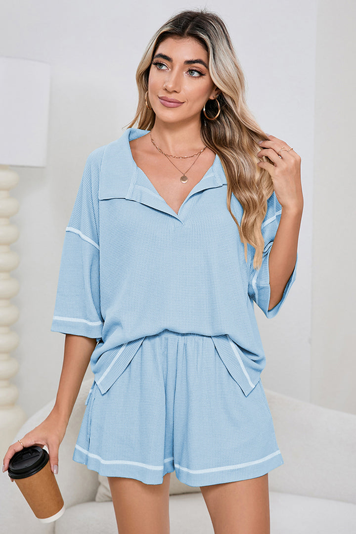Light Blue Breathable Waffle Color Block Trim 2pcs Casual Short Set
