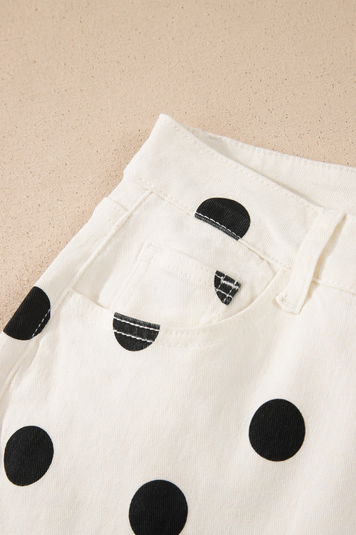 White Polka Dot Print Wide Leg Ankle-Length Jeans