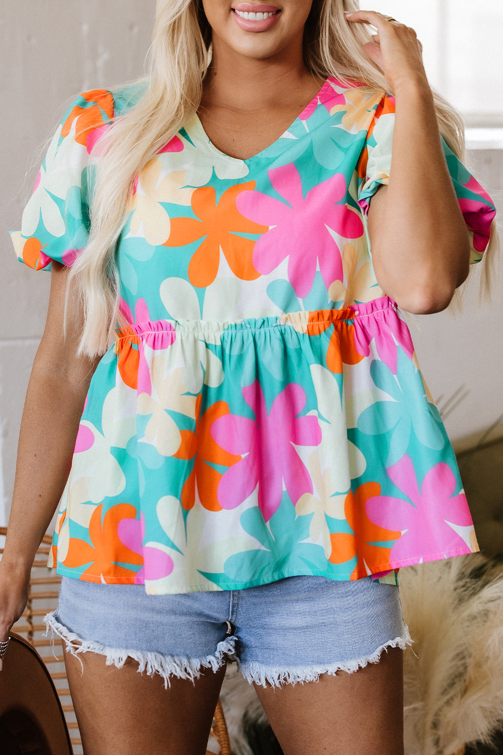floral print bubble sleeve v neck peplum blouse