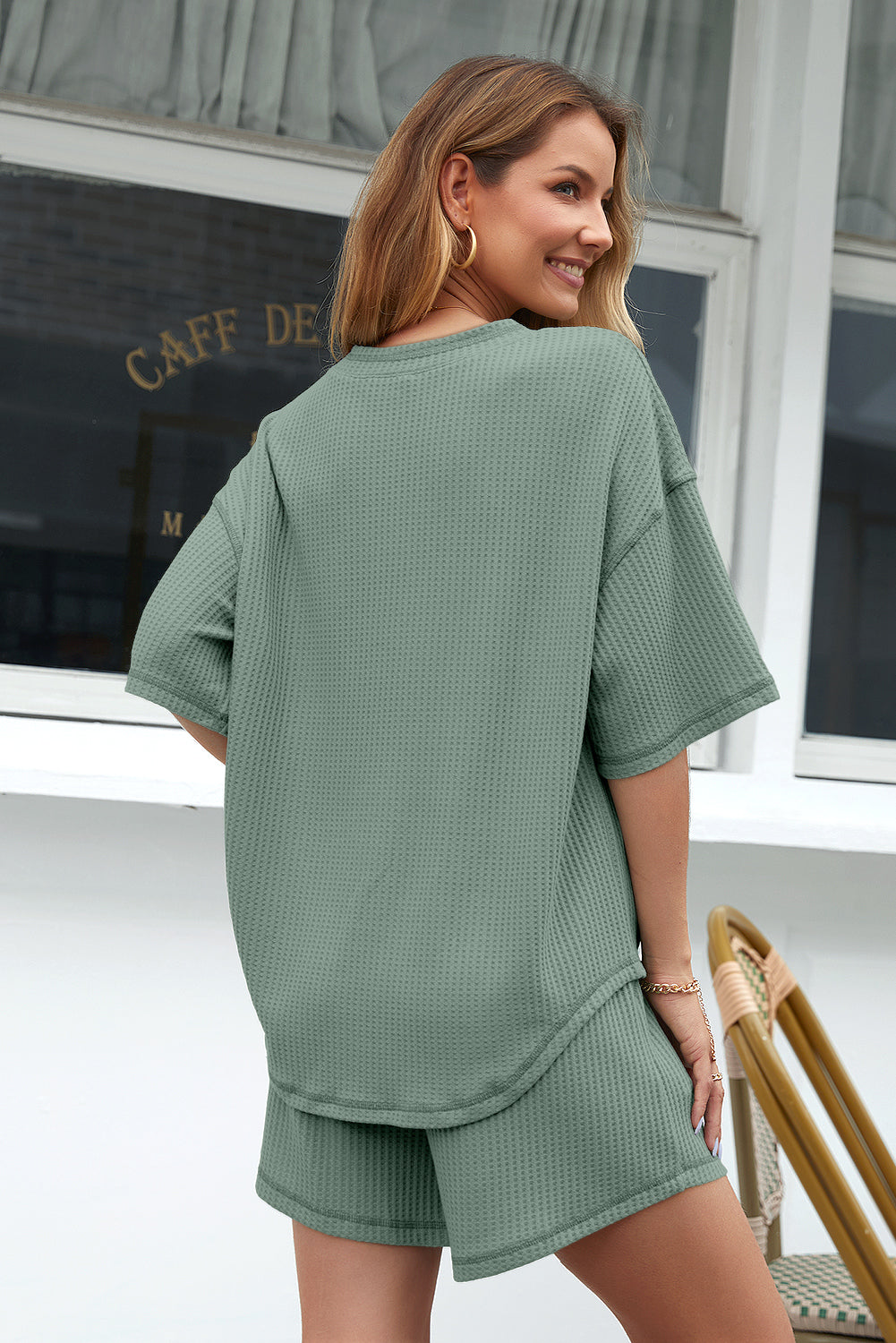 Green Solid Color Waffled V Neck Loose Tee Drawstring Shorts Set