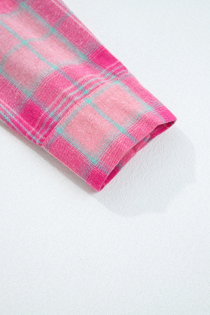 Sachet Pink Plaid Print Rounded Hem Long Sleeve Shirt with Pockets