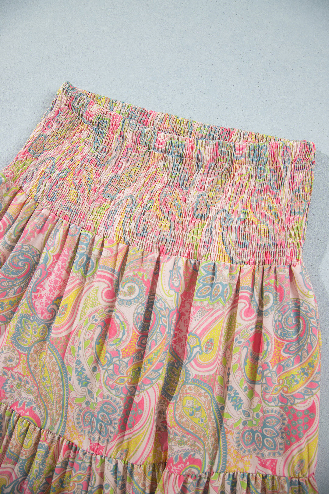 Gossamer Pink Boho Vintage Paisley Print Tiered Long Skirt