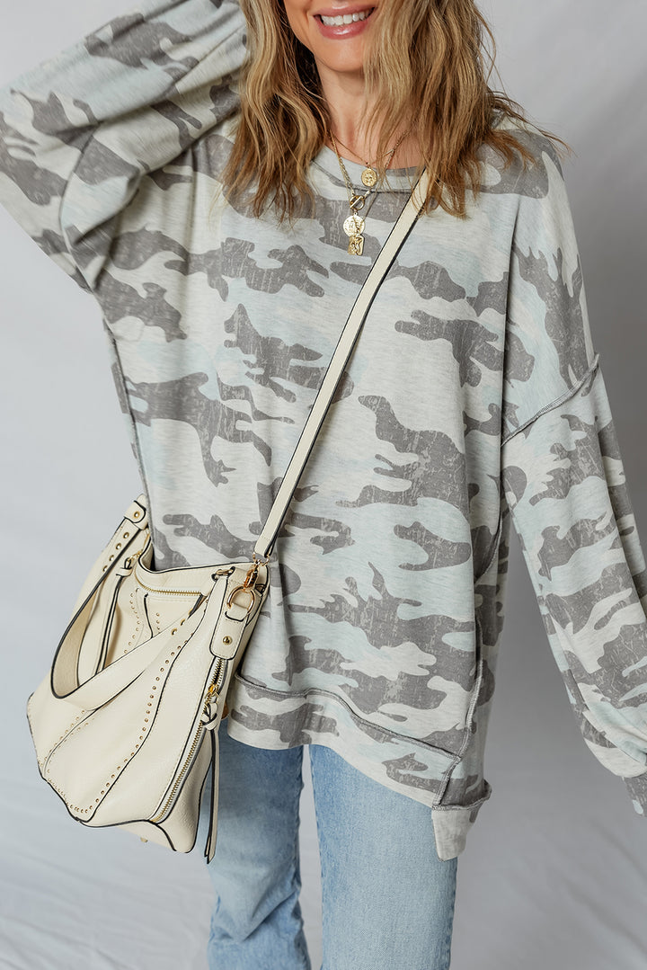 Retro Camouflage Print Exposed Seam Patchwork Drop Shoulder Sweatshirt