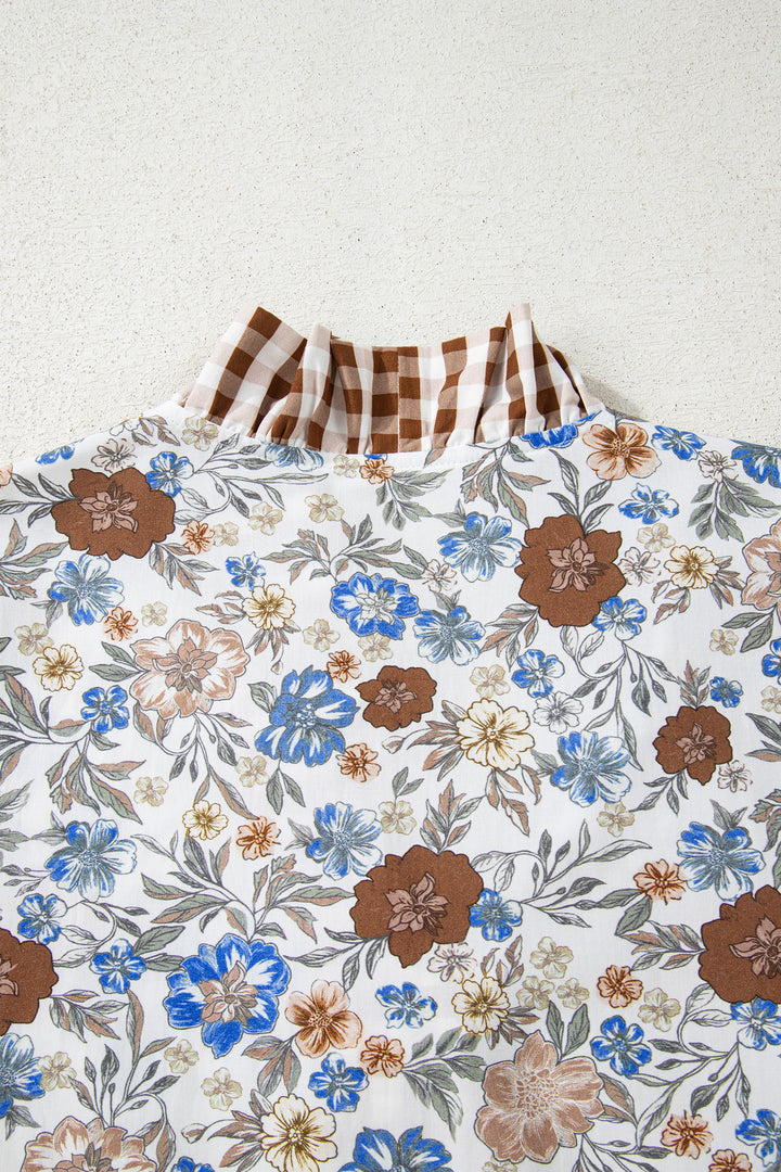 Plaid Frilled Trim V Neck Floral Long Sleeve Blouse