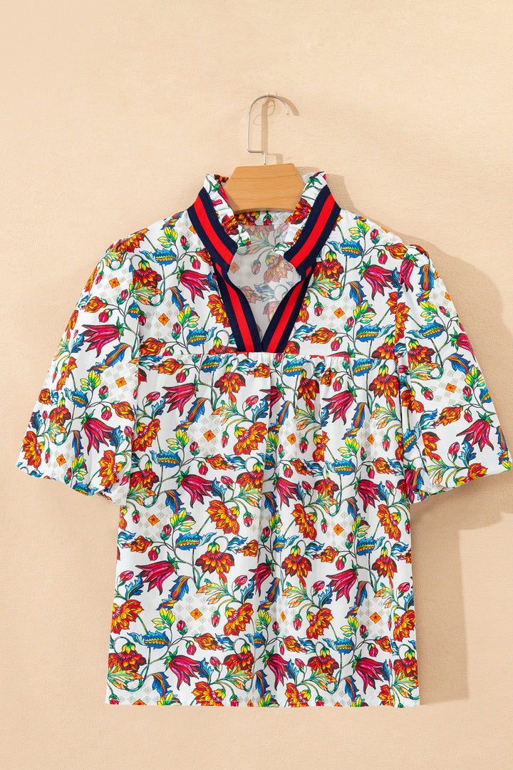 Contrasted V Neckline Floral Puff Short Sleeve Blouse