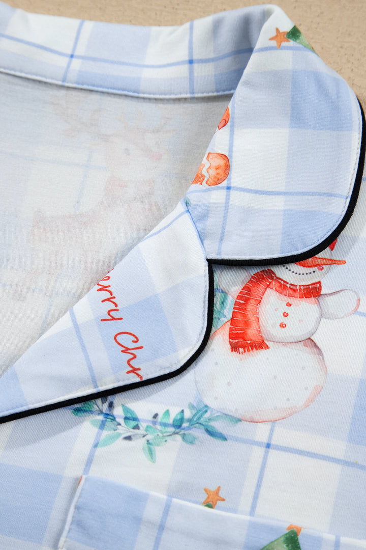 Sky Blue Plaid Cartoon Christmas Pattern Shirt Top 2pcs Pajama Set