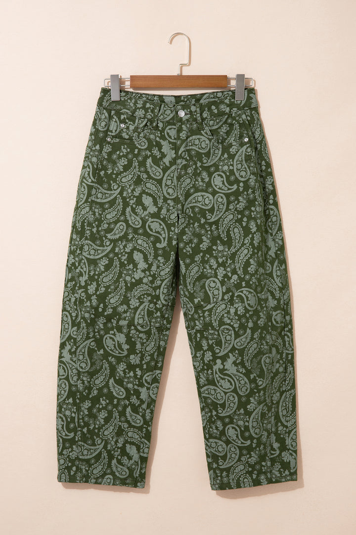 Green Paisley Print Harem Denim Pants