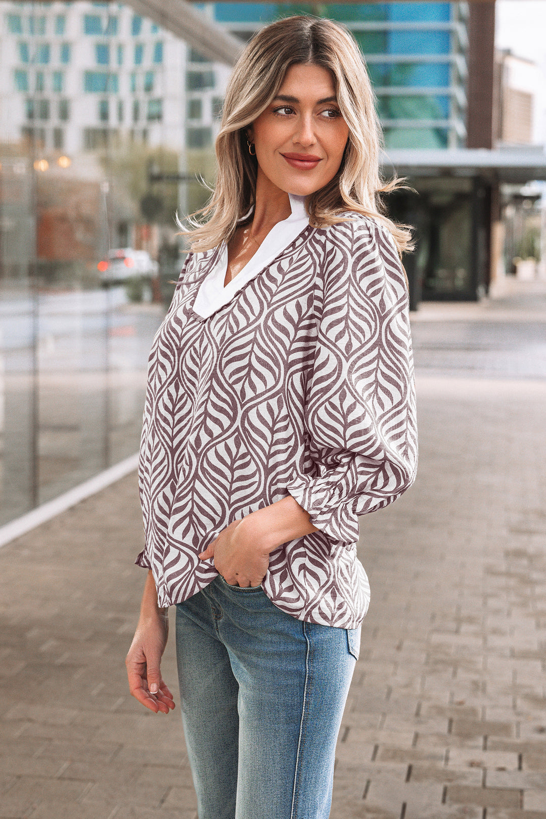Leaf Print Standing Collar Puff Sleeve Top