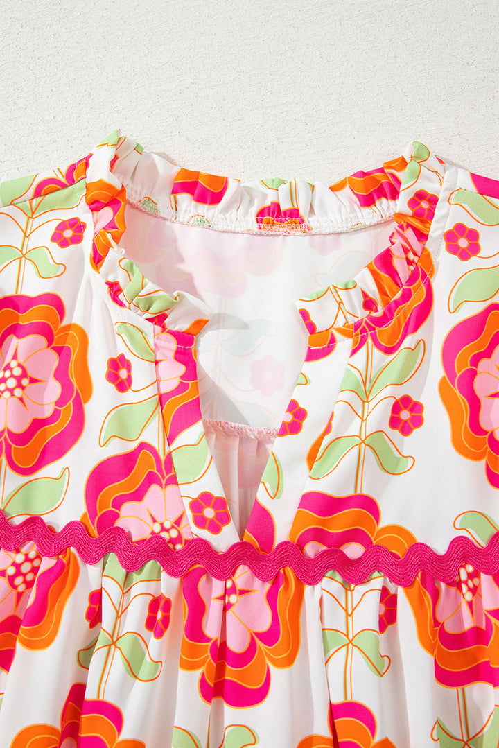 Rose Floral Printed Ruffled Long Sleeve Blouse