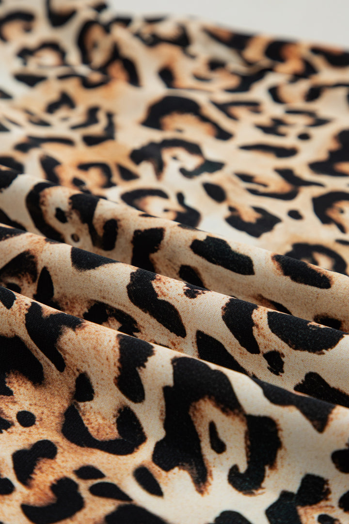 Khaki Plus Size Leopard Print Stitch Detail Ruffled Short Sleeve Blouse