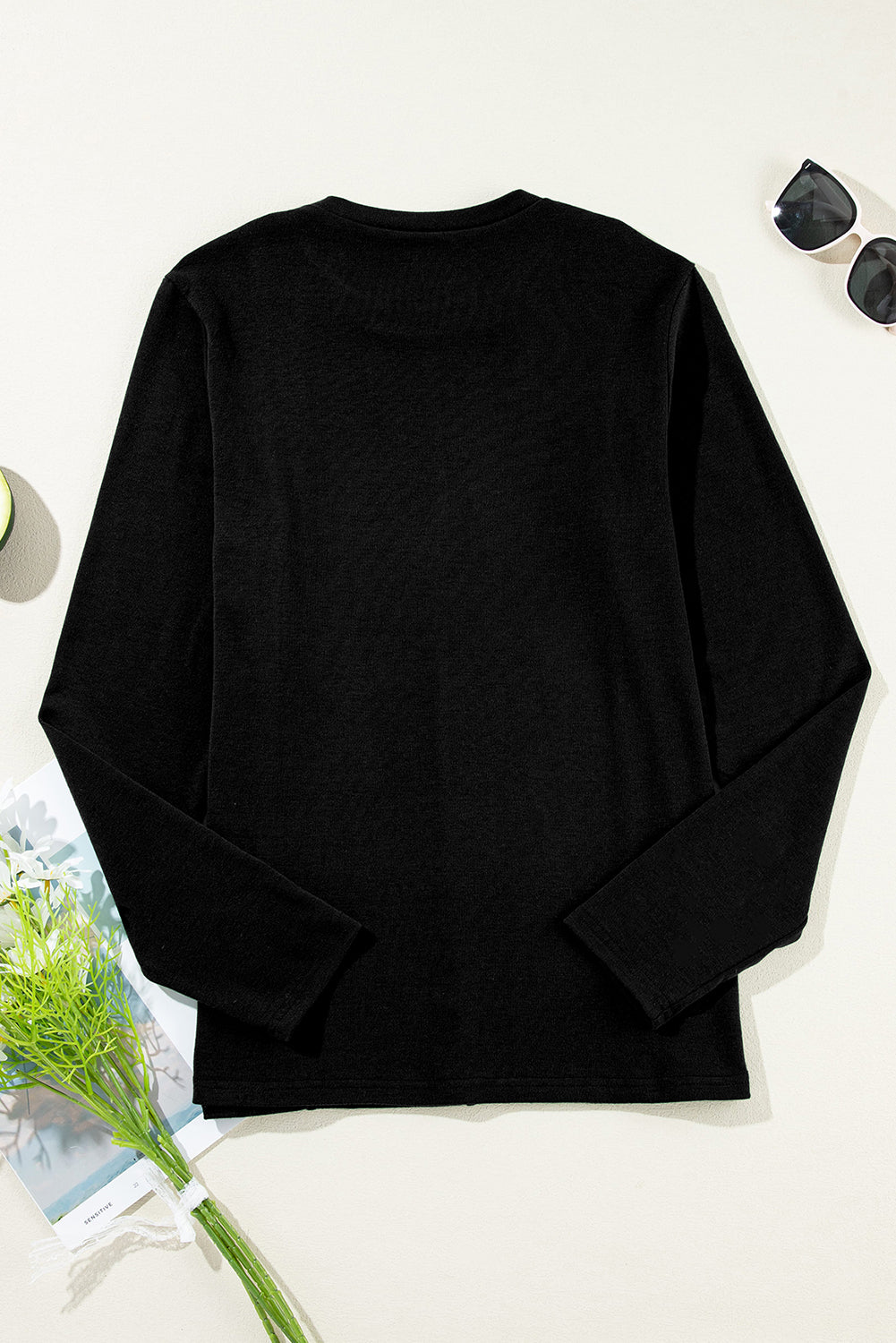 Black Exposed Seam Crew Neck Long Sleeve Top