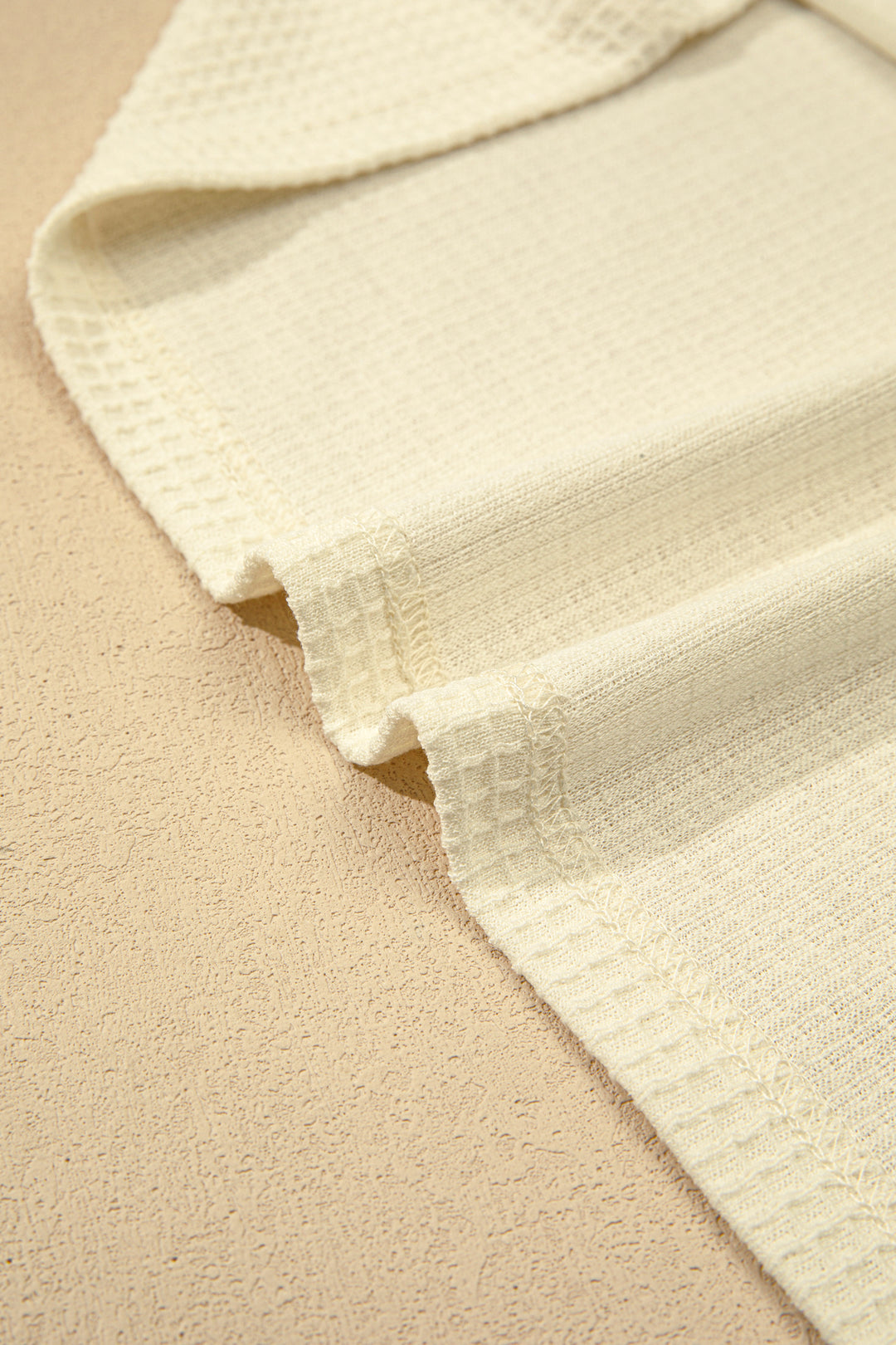 Beige Lace Splicing Button Cutout V Neck Waffle Knit Blouse