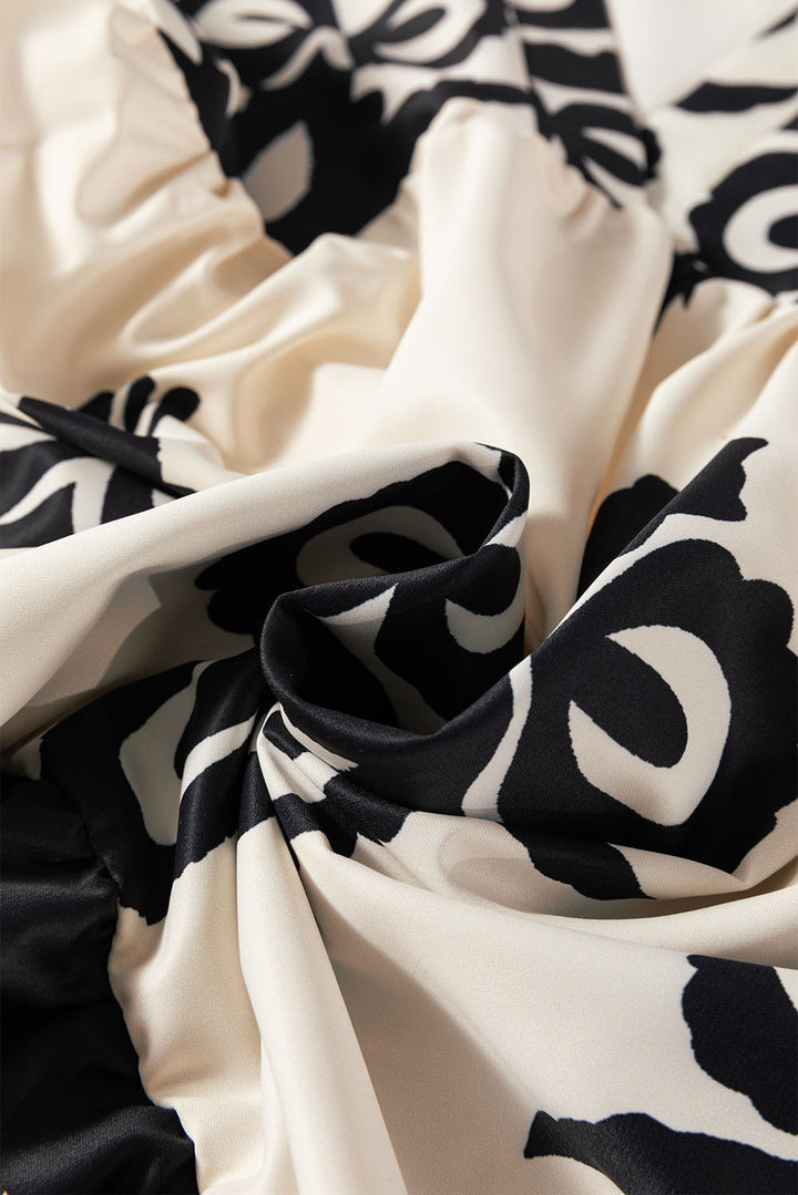 Vintage Print V Neck High Waist Short Sleeve Dress