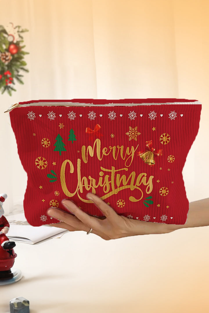 Christmas Fashion Print Corduroy Zip Up Cosmetic Bag