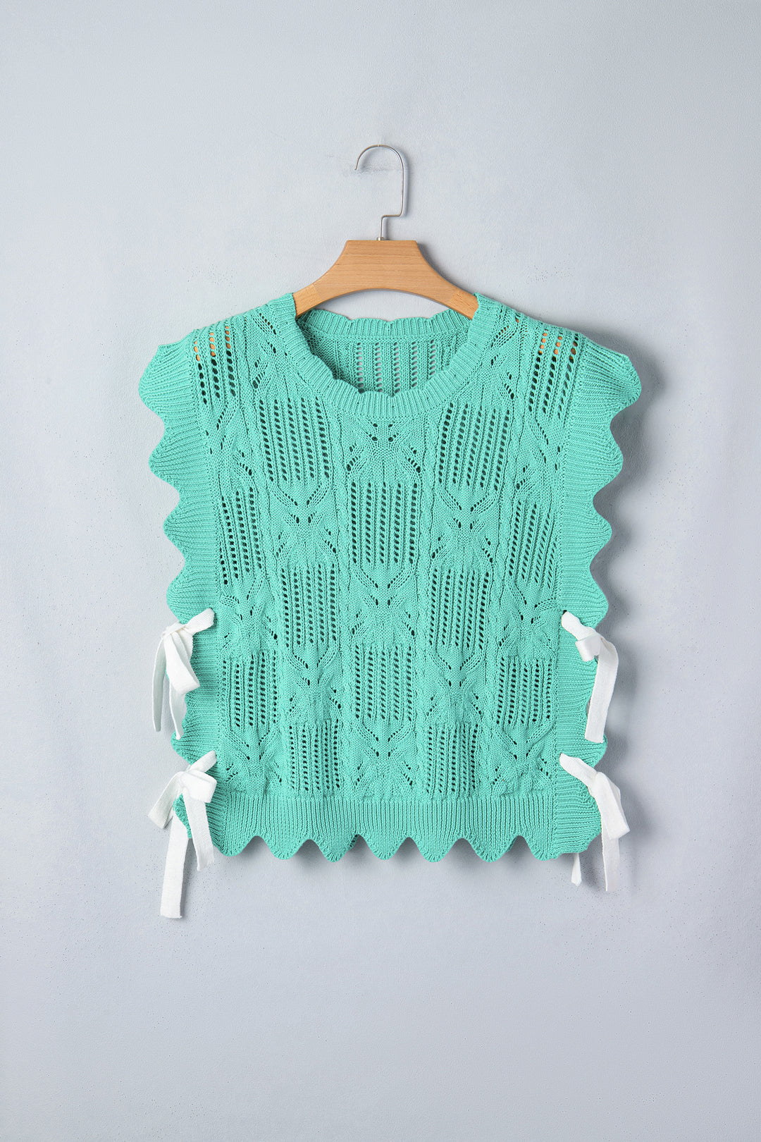 Pointelle Knit Patterned Scalloped Trim Short Sleeve Sweater