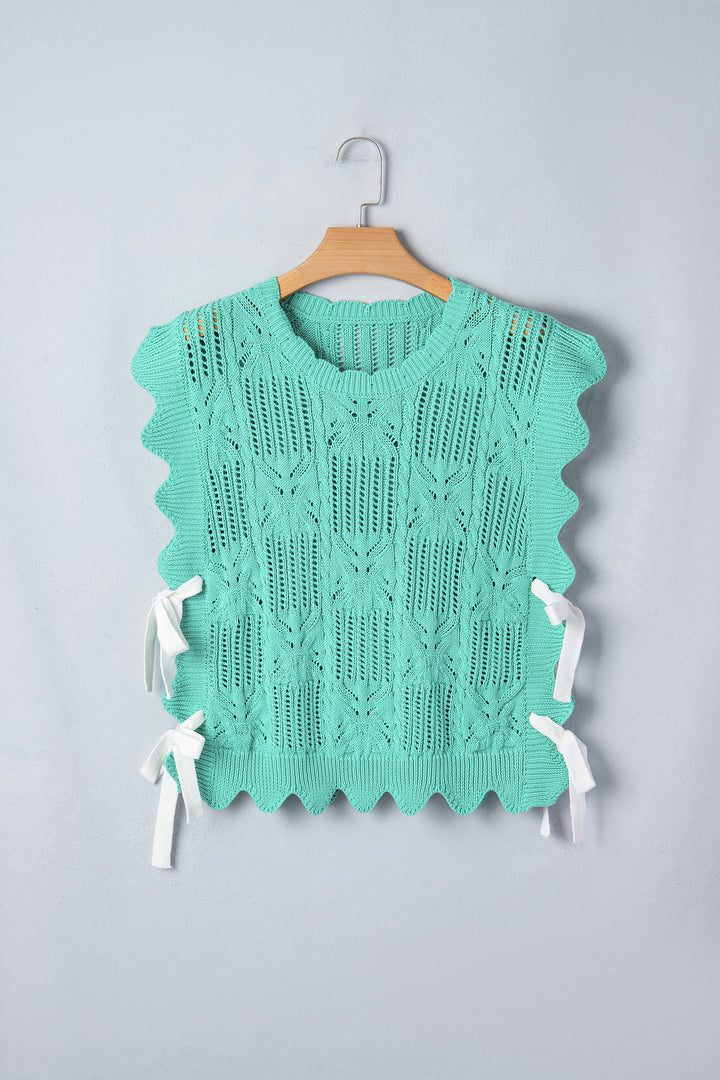 Pointelle Knit Patterned Scalloped Trim Short Sleeve Sweater