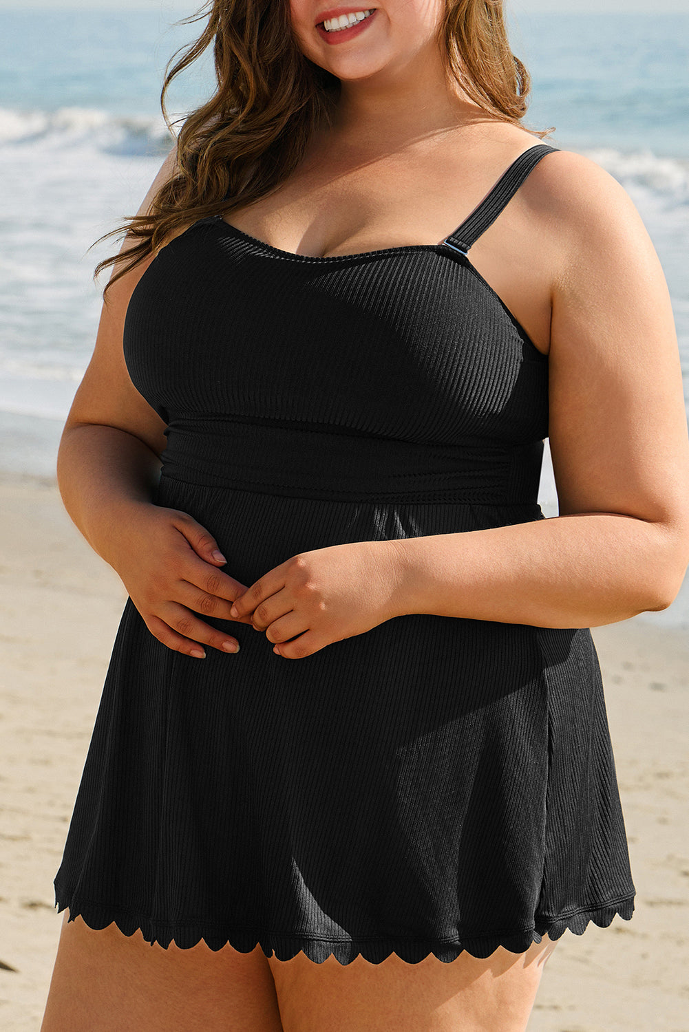 Plus Size Textured Scalloped Trim Swim Dress with Panty