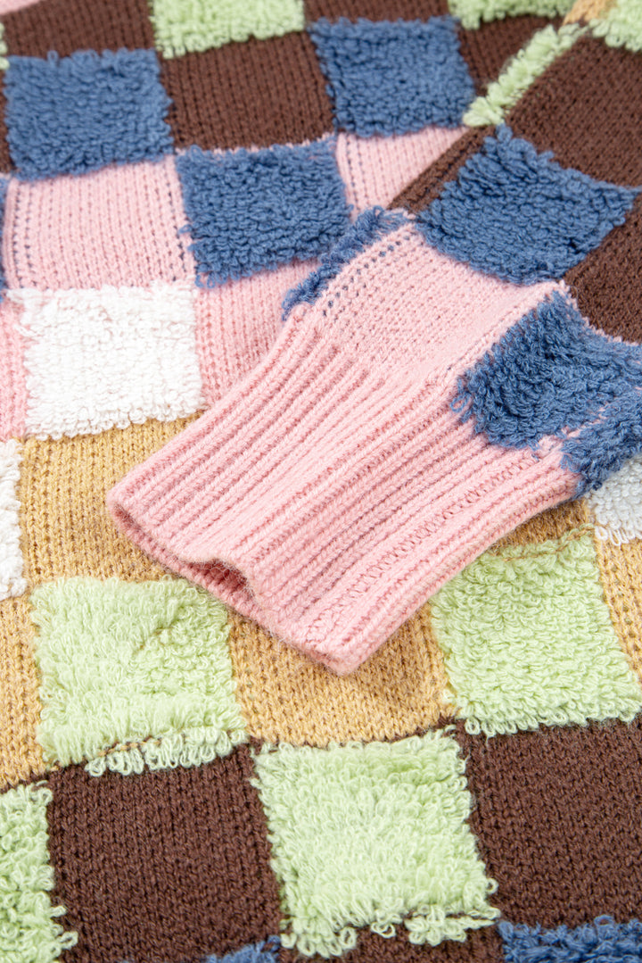 Plush Checkered Pattern Button Front Cardigan Sweater