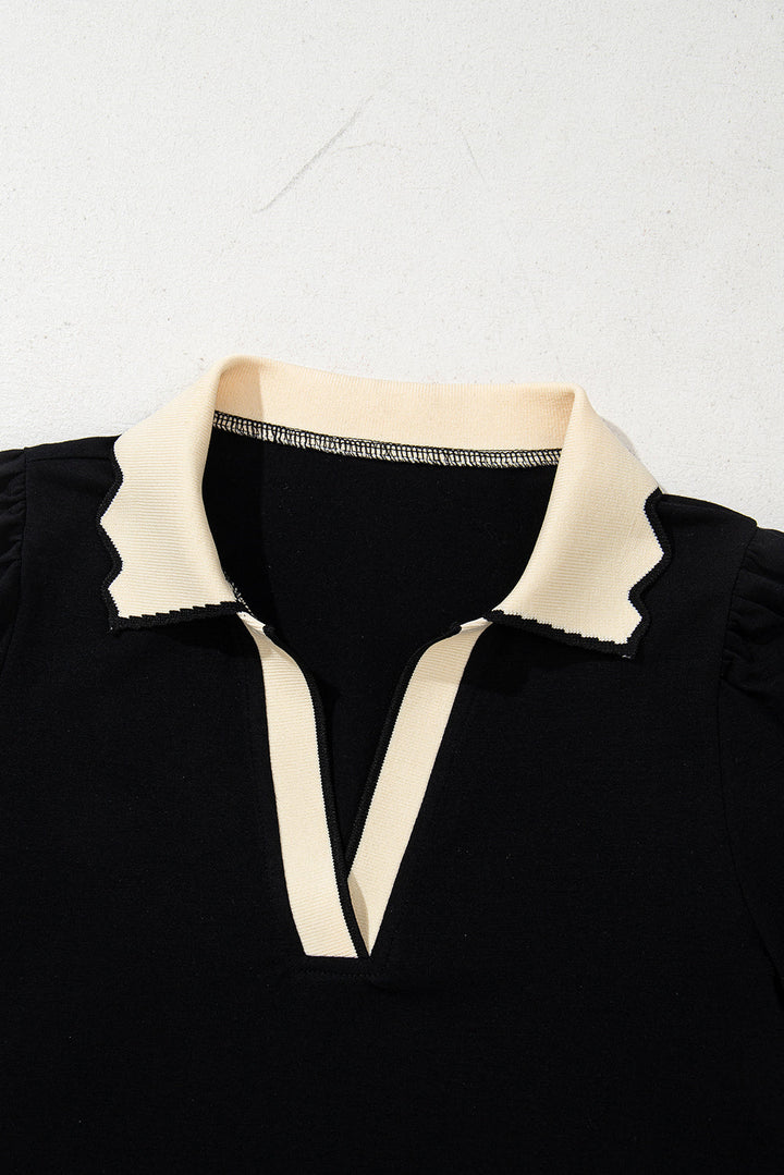 color contrast collared v neck puff sleeve blouse
