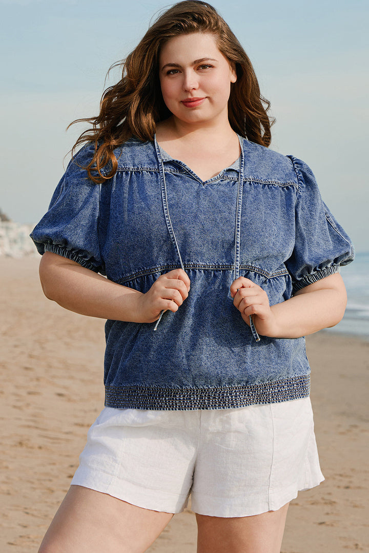 Plus Drawstring V Neck Puff Sleeve Denim Blouse