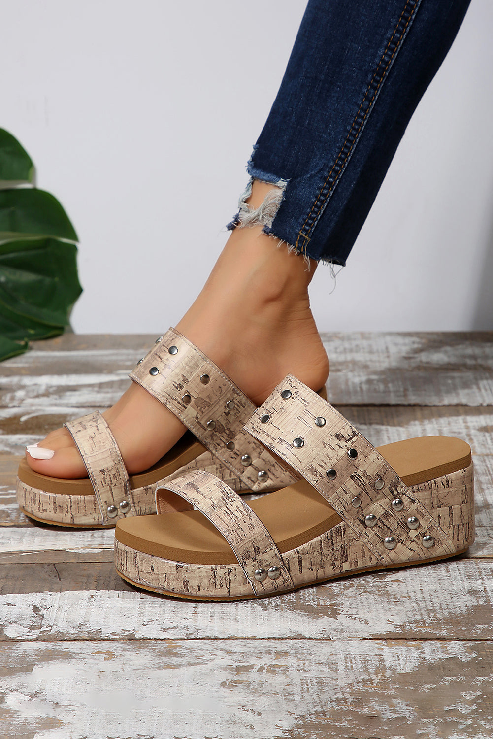Rivet Double Straps Wedge Slippers