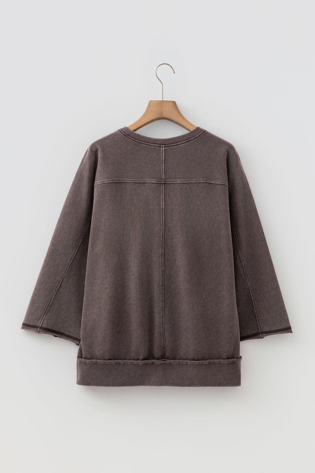 Dark Brown 3/4 Sleeve Mineral Wash Loose Cotton Top
