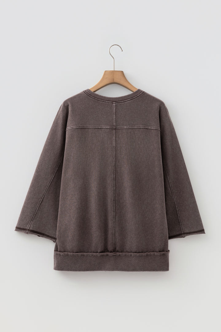 Dark Brown 3/4 Sleeve Mineral Wash Loose Cotton Top