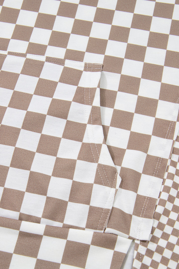 Khaki Double Checkered Patchwork Tie Neck Oversize Hoodie