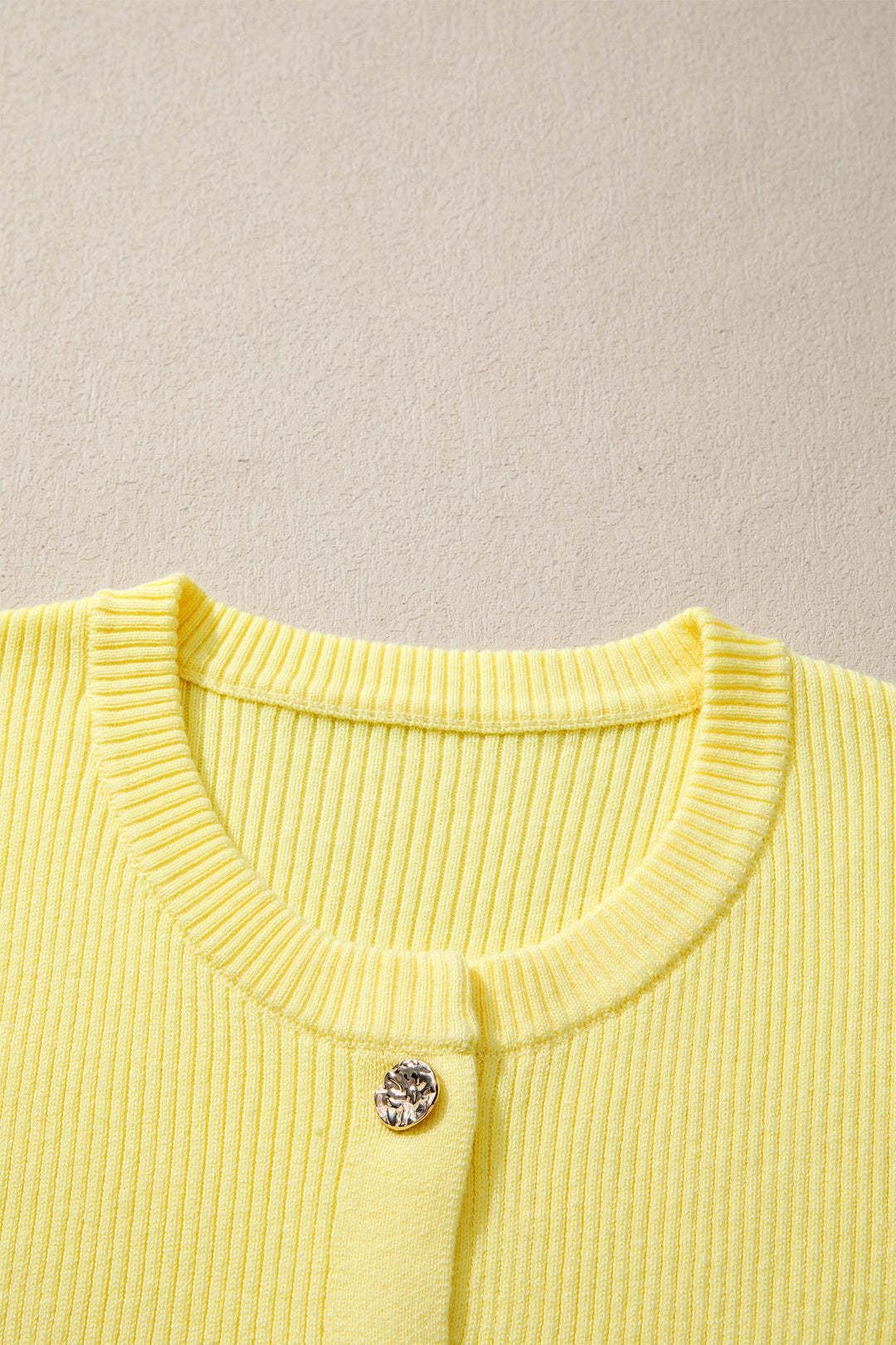 Yellow Cream Ribbed Knit Contrast Frilled Short Sleeve Sweater Cardigan