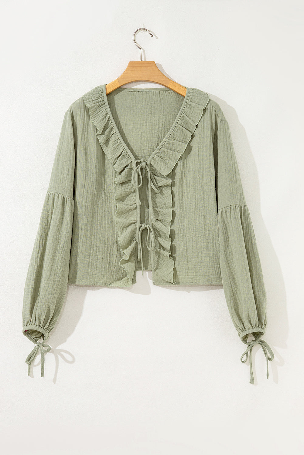 Bow Tie Front Ruffle Trim V Neck Long Sleeve Gauze Blouse
