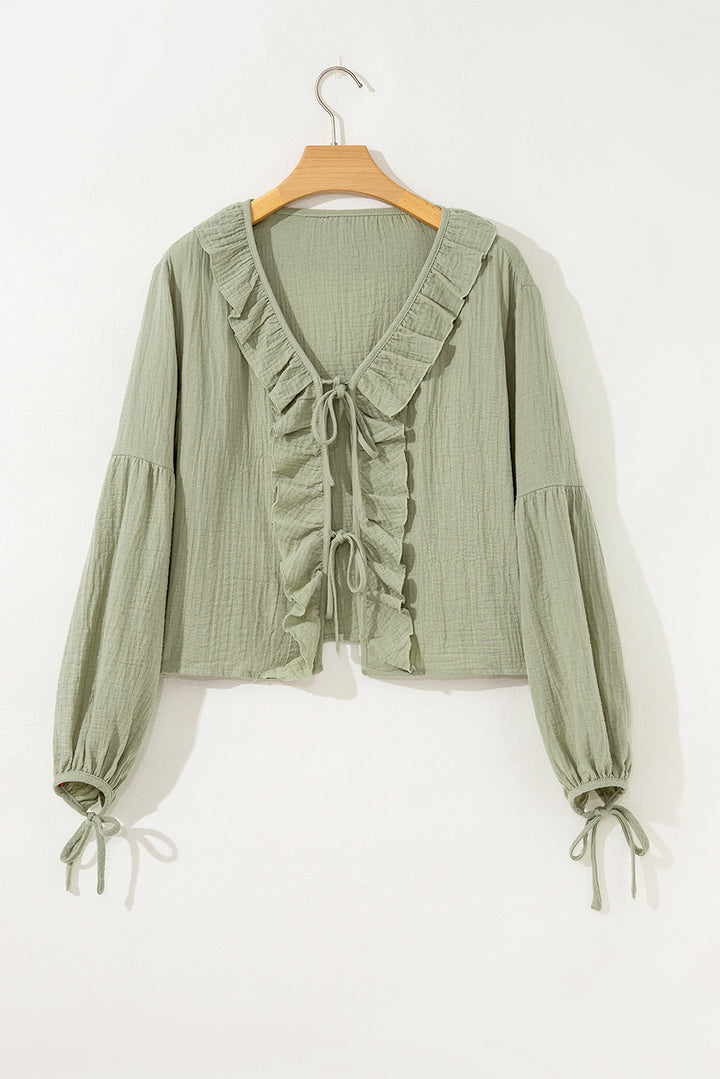 Bow Tie Front Ruffle Trim V Neck Long Sleeve Gauze Blouse