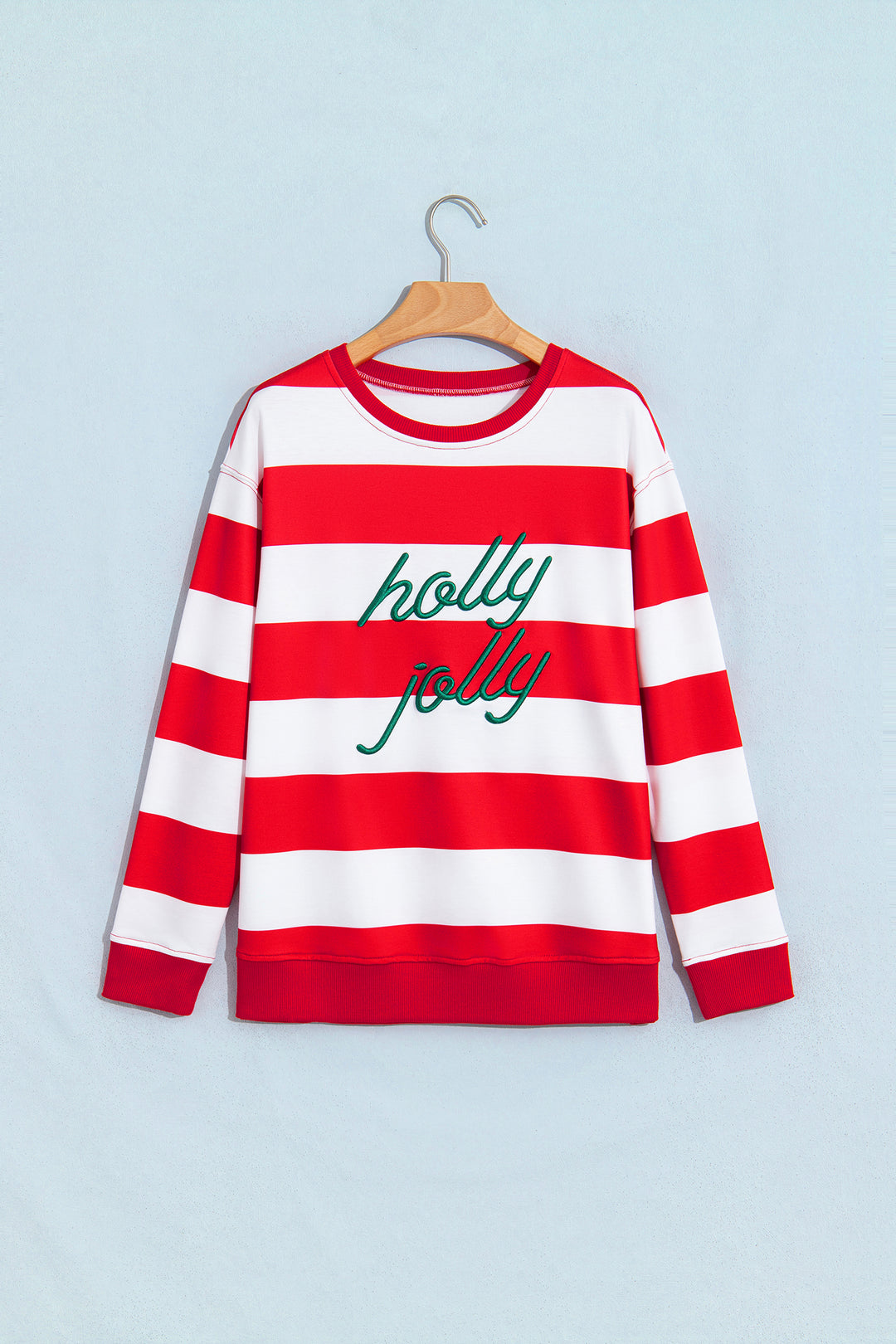 Red Stripe holly jolly Letter Embroidered Pullover Sweatshirt