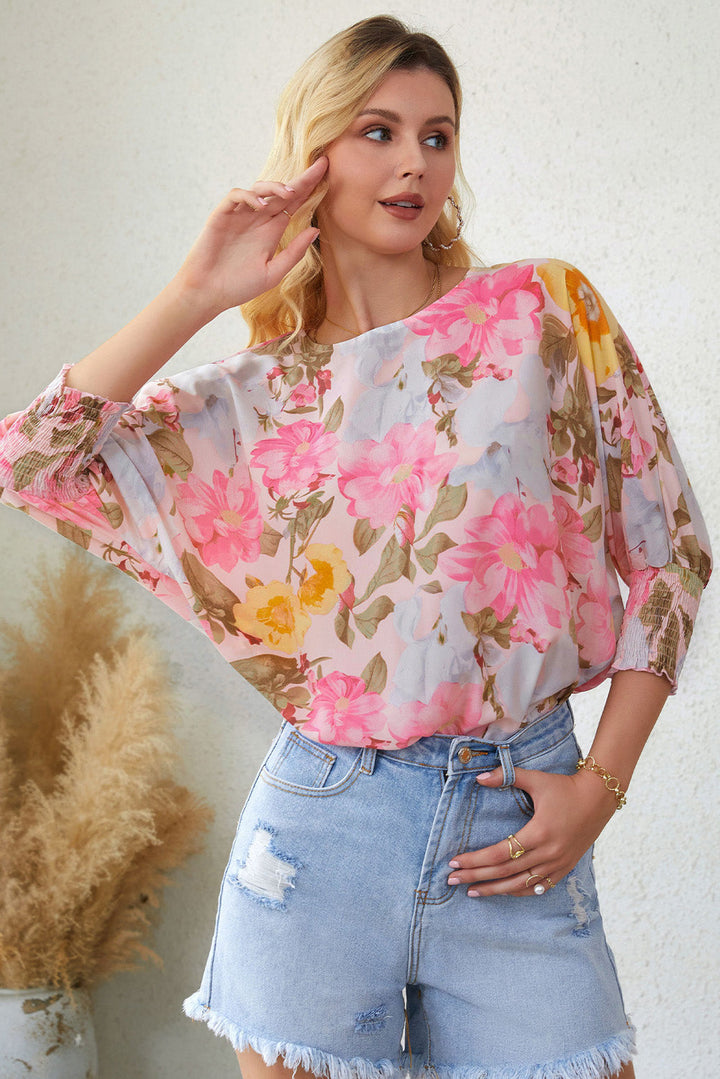Pink Shirred Cuff 3/4 Sleeve Loose Fit Floral Blouse