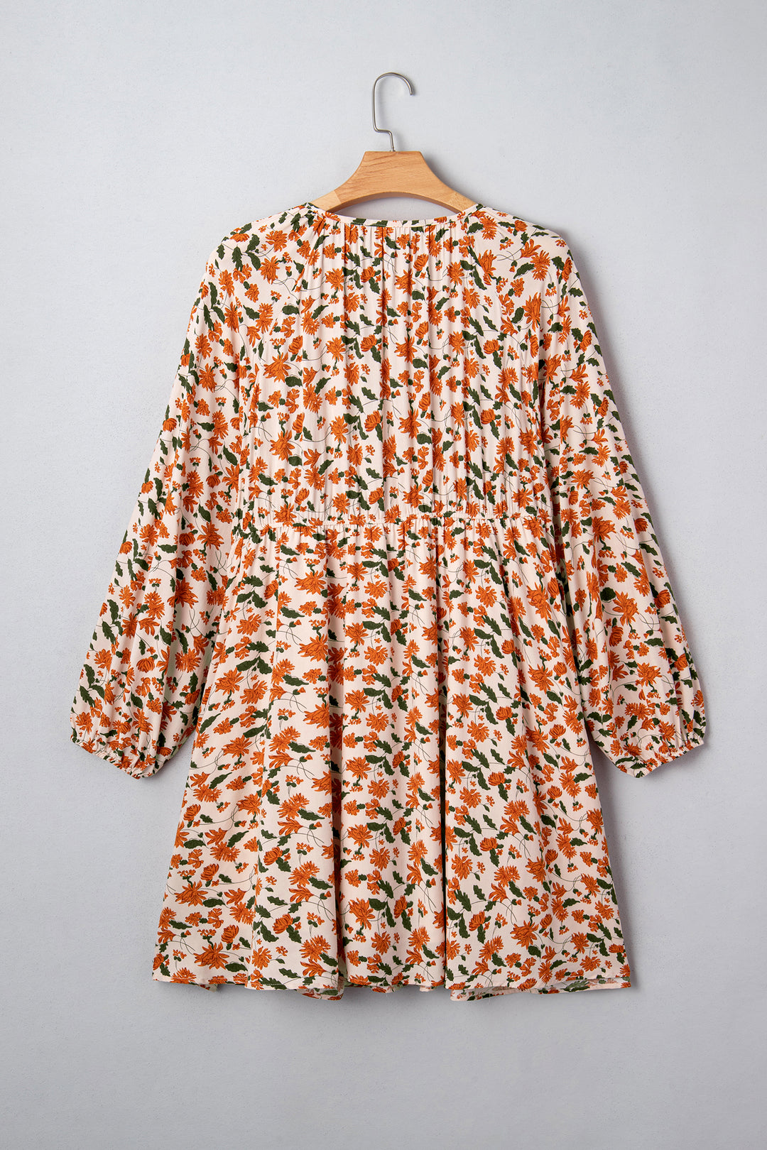 Beige Plus Size Floral Print Long Sleeve Babydoll Short Dress