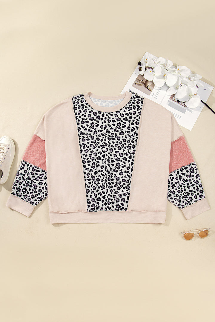 Gray Leopard Color Block Patchwork Reverse Stitch Plus Size Baggy Pullover