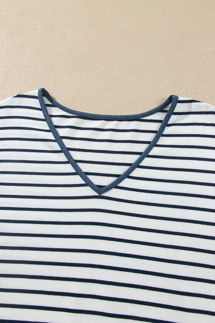 Blue Stripe V Neck Ruffle Contrast Sleeve Top Drawstring Pants 2pcs Set