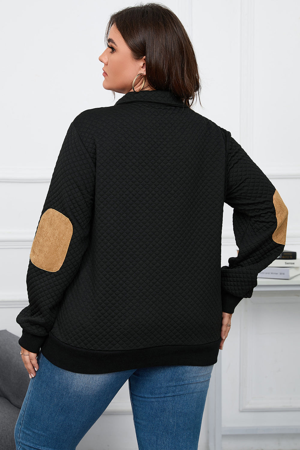 Plus Size Quilted Plaid Patch Henley Sweatshirt