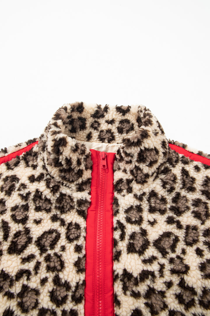 Brown Leopard Print Zip-Up Red Accents Pockets Sweatshirt