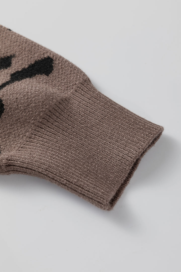 Camel Asymmetric Leopard Print Detail Drop Shoulder Sweater