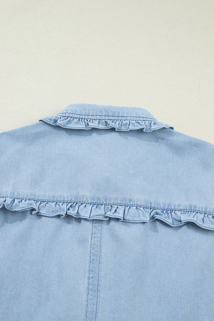 Chic Beau Blue Ruffled Edge Collared Shift Denim Dress with Pockets