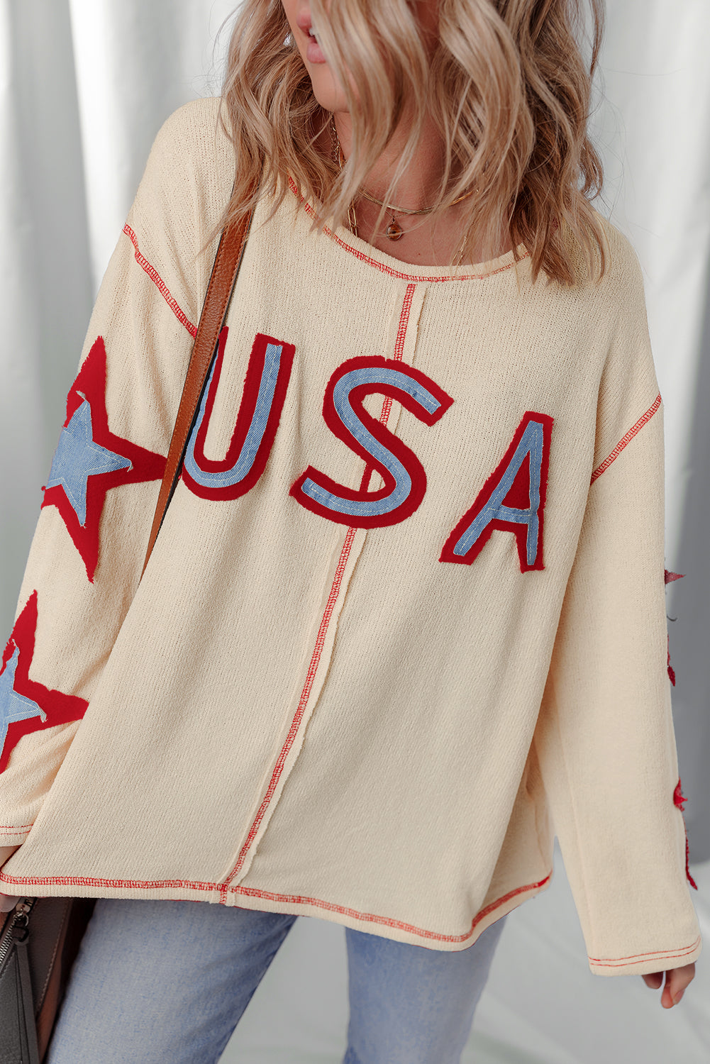 Beige USA Star Contrast Patchwork Long Sleeve Top