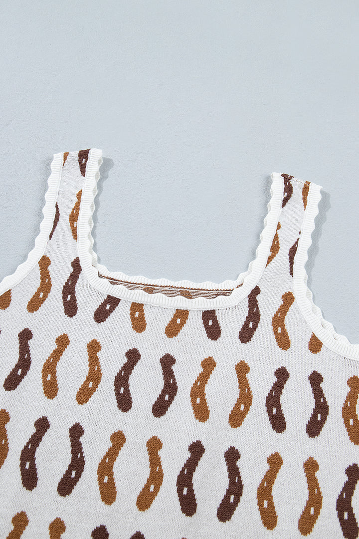 White Western Leopard/ Horseshoe Printed Scalloped Trim Square Neck Sweater Vest
