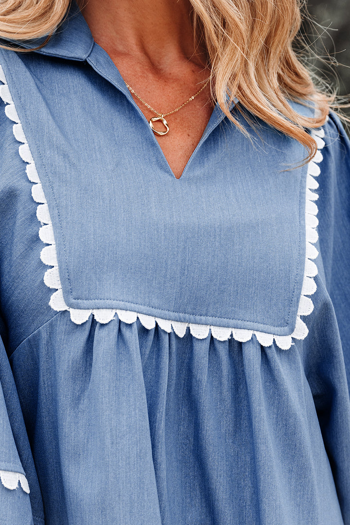 Lace Ric Rac 3/4 Puff Sleeve Collared Babydoll Blouse