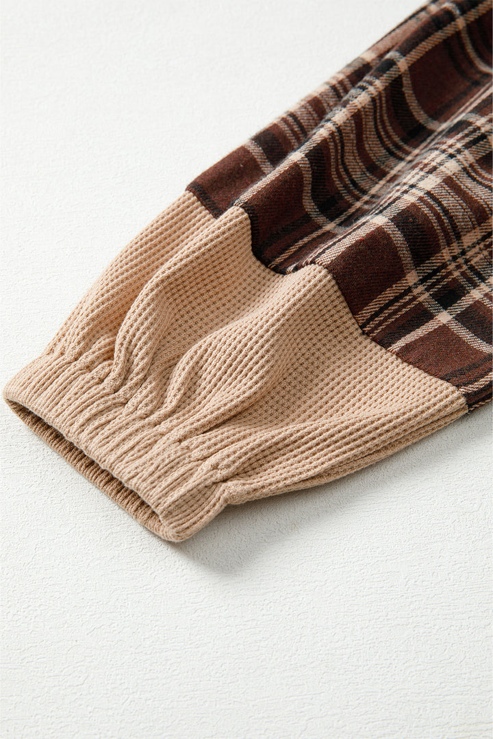 Plaid Patchwork Long Sleeve Button Hooded Blouse
