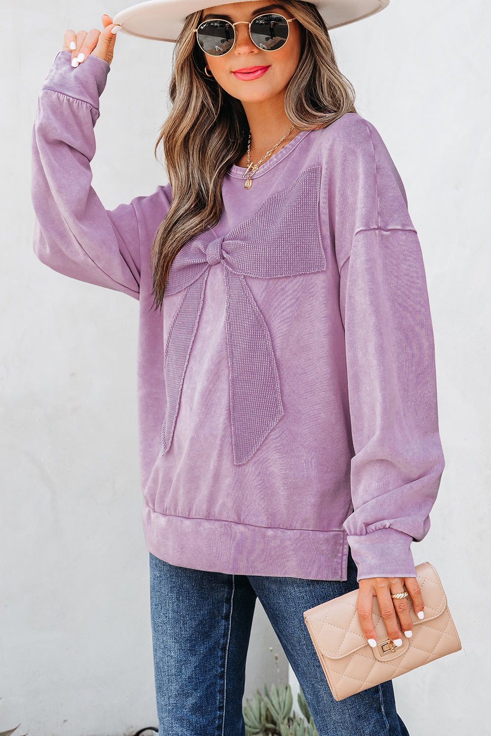 Mineral Wash Big Bow Patchwork Pullover Sweatshirt
