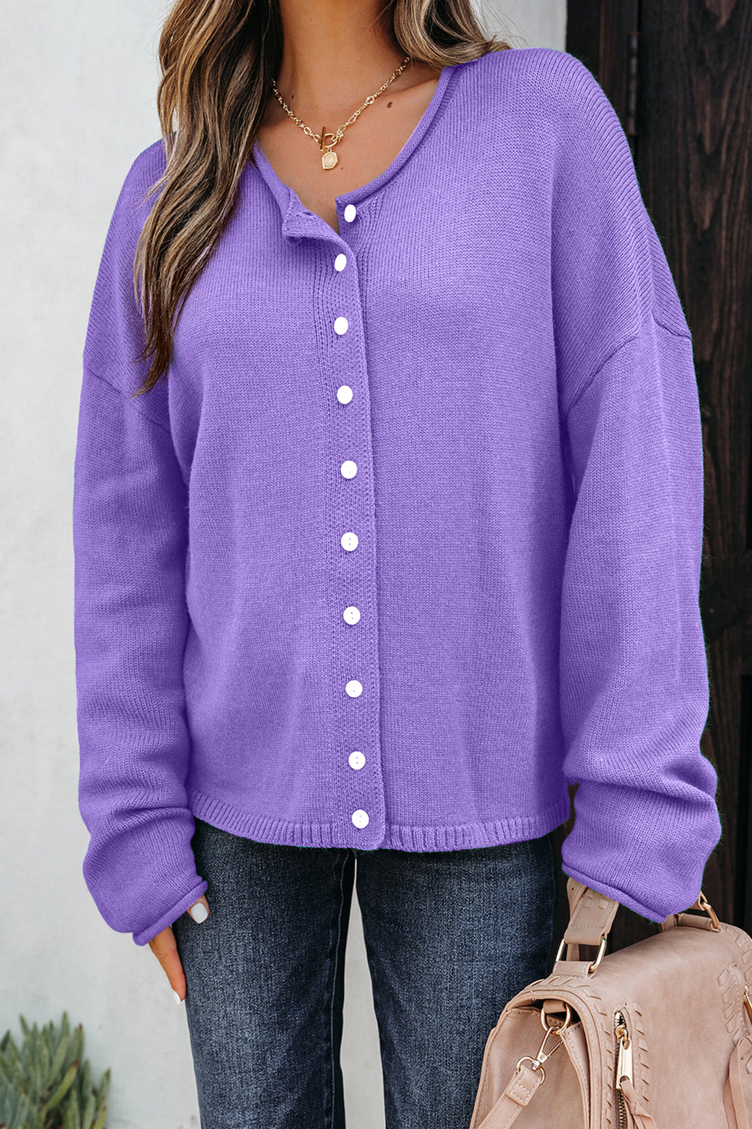 Wisteria Solid Color Knit Button Sweater Cardigan