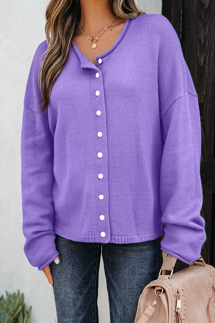 Wisteria Solid Color Knit Button Sweater Cardigan