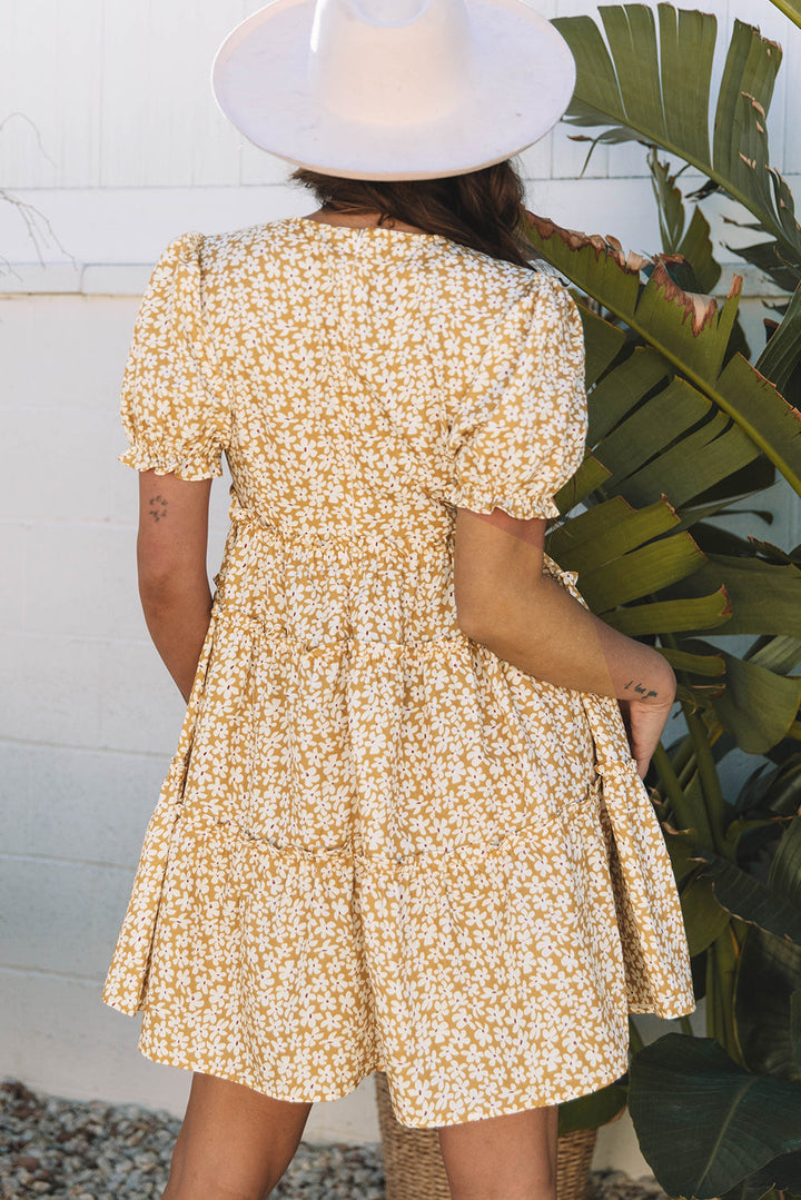Floral Short Sleeve V Neck Frilly Tiered Mini Dress
