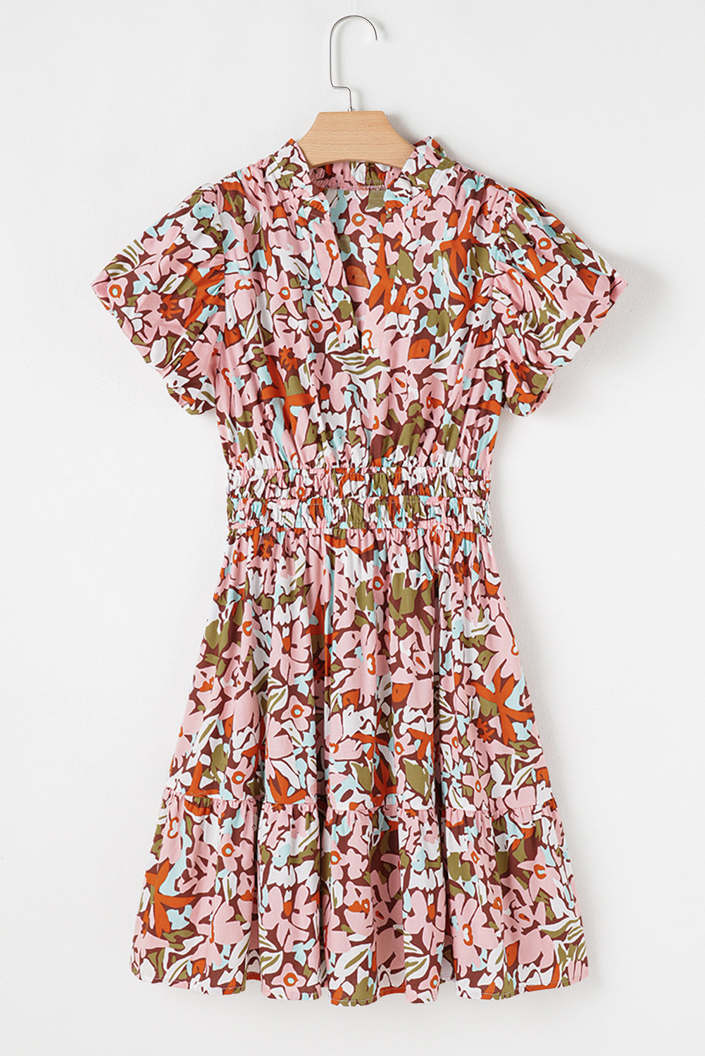 Floral Print Puff Sleeve Shirred High Waist Mini Dress